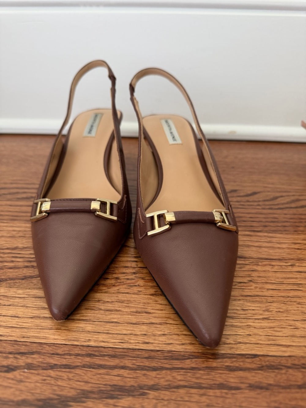 Saks Fifth Avenue Brown Pointed Slingback Flats with Gold Accent